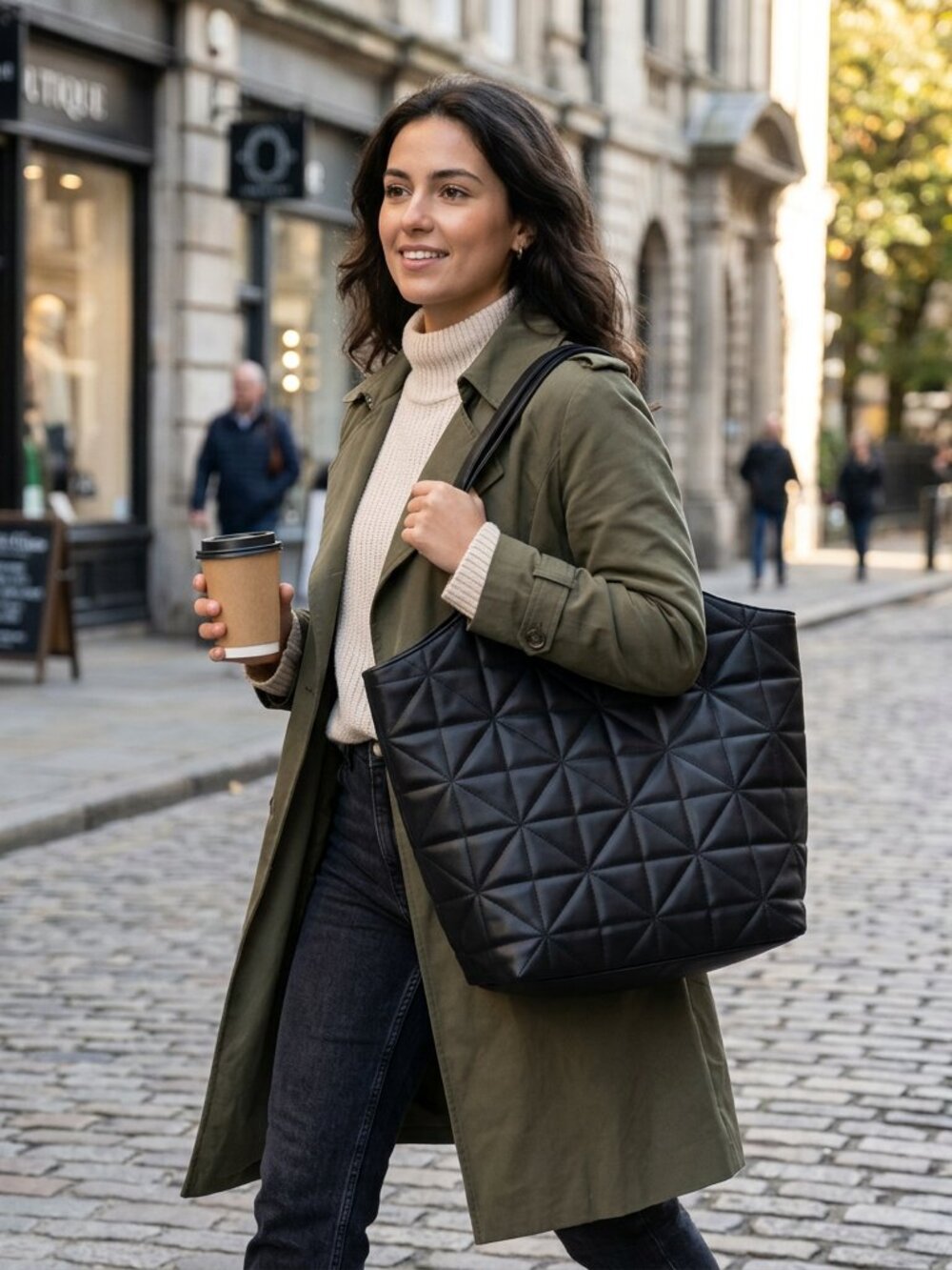 "A New Day," Puff Diamond Shaped Quilted Shopper Tote Handbag in Black NWOT!